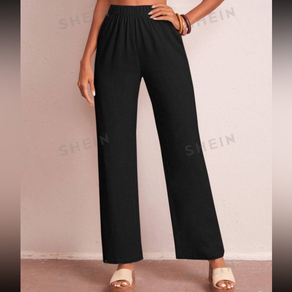 SHEIN Elastic Waist Solid Wide Leg Pants Black in size XS